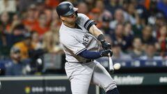 HOUSTON, TEXAS - APRIL 09: Gary Sanchez #24 of the New York Yankees doubles in two runs in the sixth inning against the Houston Astros at Minute Maid Park on April 09, 2019 in Houston, Texas.   Bob Levey/Getty Images/AFP == FOR NEWSPAPERS, INTERNET, TELCOS &amp; TELEVISION USE ONLY ==