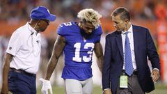 CLEVELAND, OH - AUGUST 21: Odell Beckham Jr. #13 of the New York Giants walks off the field after suffering an injury in the first half of a preseason game against the Cleveland Browns at FirstEnergy Stadium on August 21, 2017 in Cleveland, Ohio.   Joe Robbins/Getty Images/AFP == FOR NEWSPAPERS, INTERNET, TELCOS &amp; TELEVISION USE ONLY ==