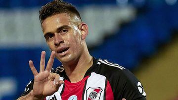 MENDOZA, ARGENTINA - MARCH 20: Rafael Borr&eacute;  of River Plate celebrates after scoring the third goal of his team during a match between Godoy Cruz and River Plate as part of Copa de la Liga Profesional 2021  at Estadio Malvinas Argentinas on March 20, 2021 in Mendoza, Argentina. (Photo by Alexis Lloret/Getty Images)
