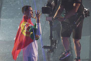 Cristiano Ronaldo celebrates at the Bernabéu on Sunday evening.