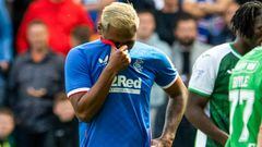 EDINBURGH, SCOTLAND - AUGUST 20: Alfredo Morelos after being red carded during a cinch Premiership match between Hibernian and Rangers at Easter Road, on August 20, 2022, in Edinburgh, Scotland. (Photo by Ross Parker/SNS Group via Getty Images)