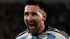 Argentina's forward Lionel Messi celebrates after scoring a goal during the 2026 FIFA World Cup South American qualifiers football match between Argentina and Ecuador, at the Mas Monumental stadium in Buenos Aires, on September 7, 2023. (Photo by Luis ROBAYO / AFP)