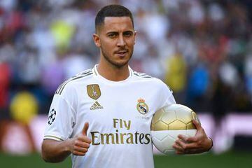 Belgian footballer Eden Hazard gives a thumbs-up during his official presentation as new player of Real Madrid.