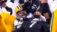 PHILADELPHIA, PENNSYLVANIA - NOVEMBER 27: Aaron Rodgers #12 of the Green Bay Packers is sacked by Brandon Graham #55 of the Philadelphia Eagles during the third quarter at Lincoln Financial Field on November 27, 2022 in Philadelphia, Pennsylvania.   Mitchell Leff/Getty Images/AFP (Photo by Mitchell Leff / GETTY IMAGES NORTH AMERICA / Getty Images via AFP)