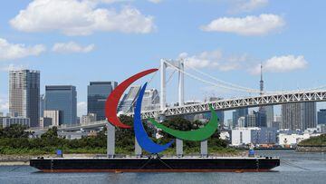 TOKYO, JAPAN - AUGUST 20: A general view of the &#039;Three Agitos&#039; Paralympic Symbol ahead of the Tokyo 2020 Paralympic Games on Tokyo Waterfront on August 20, 2021 in Tokyo, Japan. (Photo by Alex Davidson/Getty Images for International Paralympic C