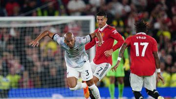 Liverpool's Fabinho (left) and Manchester United's Cristiano Ronaldo in action during the Premier League match at Old Trafford, Manchester. Picture date: Monday August 22, 2022. (Photo by David Davies/PA Images via Getty Images)