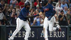 MINNEAPOLIS, MN - JUNE 22: Gio Urshela #15 of the Minnesota Twins celebrates his go-ahead three-run home run with third base coach Tommy Watkins #40 in the seventh inning against the Cleveland Guardians at Target Field on June 22, 2022 in Minneapolis, Minnesota.   Stephen Maturen/Getty Images/AFP
== FOR NEWSPAPERS, INTERNET, TELCOS & TELEVISION USE ONLY ==