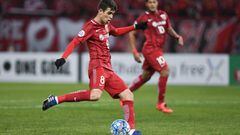 SHANGHAI, CHINA - FEBRUARY 07:  Oscar #8 of Shanghai SIPG scores his team&#039;s first goal during the AFC Champions League 2017 play-off match between Shanghai SIPG and Sukhothai at Shanghai Stadium on February 7, 2017 in Shanghai, China.  (Photo by VCG/