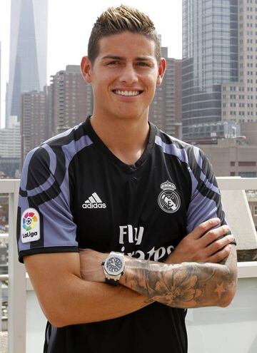 James Rodríguez models Real Madrid's new third kit in New York.