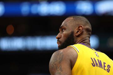 WASHINGTON, DC - MARCH 19: LeBron James #6 of the Los Angeles Lakers looks on against the Washington Wizards during the second half at Capital One Arena on March 19