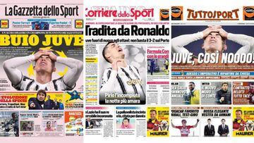 Las portadas de los tres periódicos deportivos italianos, con Cristiano como protagonista del fiasco.