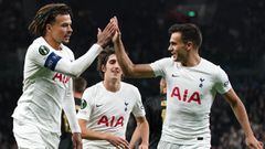 30 September 2021, United Kingdom, London: Tottenham Hotspur&#039;s Dele Alli (L) celebrates scoring his side&#039;s first goal with teammate Sergio Reguilon (R) during the UEFA Europa Conference League Group G soccer match between  Tottenham Hotspur and 