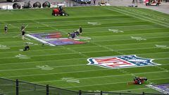 LAS VEGAS, NEVADA - FEBRUARY 01: Workers paint a Super Bowl LVIII logo on the field outside of Allegiant Stadium on February 01, 2024 in Las Vegas, Nevada. The game will be played on February 11, 2024, between the Kansas City Chiefs and the San Francisco 49ers.   Ethan Miller/Getty Images/AFP (Photo by Ethan Miller / GETTY IMAGES NORTH AMERICA / Getty Images via AFP)