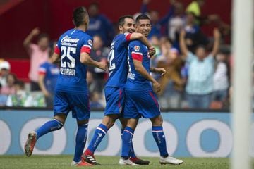 Jugadores de Cruz Azul celebran un gol en el Estadio Azteca.