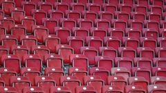 Empty seats are seen in the stadium ahead of the German first division Bundesliga football match VfB Stuttgart vs VfL Wolfsburg, in Stuttgart, southern Germany, on April 21, 2021. (Photo by KAI PFAFFENBACH / POOL / AFP) / DFL REGULATIONS PROHIBIT ANY USE 