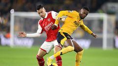 Arsenal's Gabriel Martinelli (left) and Wolverhampton Wanderers' Nelson Semedo battle for the ball during the Premier League match at Molineux, Wolverhampton. Picture date: Saturday November 12, 2022. (Photo by Nigel French/PA Images via Getty Images)