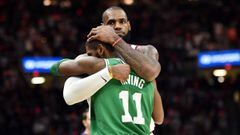 Oct 17, 2017; Cleveland, OH, USA; Cleveland Cavaliers forward LeBron James (23) and Boston Celtics guard Kyrie Irving (11) hug after the Cavs beat the Celtics 102-99 at Quicken Loans Arena. Mandatory Credit: Ken Blaze-USA TODAY Sports