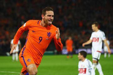 Vincent Janssen celebrates scoring the Netherlands' fourth goal against Belarus in Rotterdam.