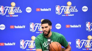 BOSTON, MA  - JUNE 15:  Jayson Tatum of the Boston Celtics addresses the media during 2022 NBA Finals Practice and Media Availability on June 15, 2022  at the TD Garden in Boston, Massachusetts. NOTE TO USER: User expressly acknowledges and agrees that, by downloading and or using this photograph, user is consenting to the terms and conditions of Getty Images License Agreement. Mandatory Copyright Notice: Copyright 2022 NBAE (Photo by Noah Graham/NBAE via Getty Images)