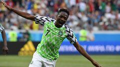 Nigeria&#039;s forward Ahmed Musa celebrates after scoring their second goal during the Russia 2018 World Cup Group D football match between Nigeria and Iceland at the Volgograd Arena in Volgograd on June 22, 2018. / AFP PHOTO / Mark RALSTON / RESTRICTED 
