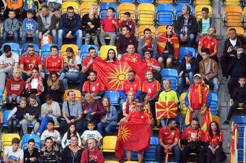 Macedonia's fans attend the UEFA U-21 European Championship Group B football match Spain.