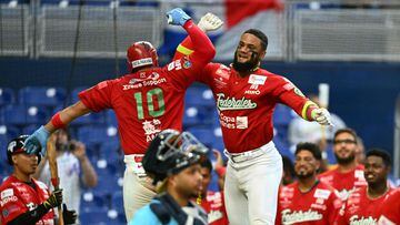 Panama's infielder #10 Ivan Aaron Herrera celebrates after hitting a home run during the Caribbean Series third place baseball game between the Curacao and Panama at LoanDepot Park in Miami, Florida, on February 9, 2024. (Photo by Chandan Khanna / AFP)