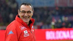 Napoli&#039;s coach from Italy Maurizio Sarri smiles during the Italian Serie A football match Bologna vs Napoli