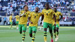 CINCINNATI, OHIO - JULY 09: Bobby De Cordova-Reid #10, Leon Bailey #7 and Amari'i Bell #4 of Jamaica celebrate after Bell scored in the second half against Guatemala in the Quarterfinals of the 2023 Concacaf Gold Cup at TQL Stadium on July 09, 2023 in Cincinnati, Ohio.   Andy Lyons/Getty Images/AFP (Photo by ANDY LYONS / GETTY IMAGES NORTH AMERICA / Getty Images via AFP)