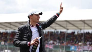 NORTHAMPTON, ENGLAND - JULY 03: George Russell of Great Britain and Mercedes waves to the crowd on the drivers parade prior to the F1 Grand Prix of Great Britain at Silverstone on July 03, 2022 in Northampton, England. (Photo by Bryn Lennon - Formula 1/Formula 1 via Getty Images)
