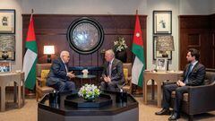 Jordan's King Abdullah II and Crown Prince Hussein meet with Palestinian President Mahmoud Abbas, in Amman, Jordan, in this handout picture released on February 25, 2024. Royal Hashemite Court/Handout via Reuters ATTENTION EDITORS - THIS IMAGE HAS BEEN SUPPLIED BY A THIRD PARTY.  NO RESALES. NO ARCHIVES