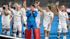 Los jugadores alemanes celebra tras ganar en el Mundial de la India de Hockey ante Inglaterra en el estadio de Bhubaneswar, este miércoles.