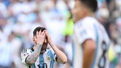 LUSAIL CITY, QATAR - NOVEMBER 22: Lionel Messi of Argentina reacts during the FIFA World Cup Qatar 2022 Group C match between Argentina and Saudi Arabia at Lusail Stadium on November 22, 2022 in Lusail City, Qatar. (Photo by Hector Vivas - FIFA/FIFA via Getty Images)