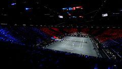 Vista general del partido de dobles entre entre Rafa Nadal y Roger Federer, equipo Europa; y Jack Sock y Frances Tiafoe, equipo Mundial.