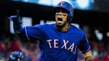 Texas Rangers&#039; Robinson Chirinos (61) celebrates a home run during the second inning against the Kansas City Royals in a baseball game Friday, April 21, 2017, in Arlington, Texas. (Ashley Landis/The Dallas Morning News)