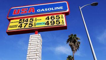 Gas prices are displayed at a gas station on November 15, 2021 in Los Angeles, California. According to AAA, the average price statewide for a gallon of regular unleaded gas hit $4.68 today, an all-time record high. 