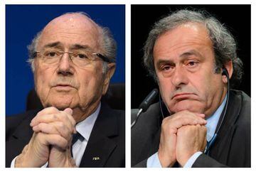 (FILES) This file combination of photos made on October 29, 2015 shows then FIFA president president Sepp Blatter (L) on May 30, 2015 in Zurich, and then UEFA President Michel Platini on May 28, 2015 in Zurich.  French authorities have searched the Paris 