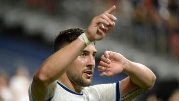 Aug 5, 2022; Vancouver, British Columbia, CAN;  Vancouver Whitecaps FC forward Lucas Cavallini (9) celebrates his goal against the Houston Dynamo during the second half at BC Place. Mandatory Credit: Anne-Marie Sorvin-USA TODAY Sports