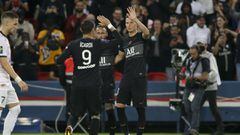 Julian Draxler of PSG celebrates his goal with Neymar Jr. Mauro Icardi during the French championship Ligue 1 football match between Paris Saint-Germain (PSG) and Montpellier HSC (MHSC) on September 25, 2021 at Parc des Princes stadium in Paris, France - 