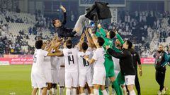 DOHA, QATAR - JANUARY 17: Al Sadd manager ,  Xavi Hernandez , is thrown in the air in celebration by his players after winning the Qatar Cup against Al Duhail at Jassim Bin Hamad Stadium on January 17, 2020 in Doha, Qatar. (Photo by Simon Holmes/Getty Ima
