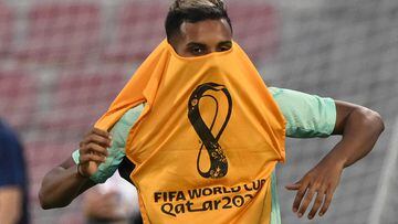 Brazil's forward #21 Rodrygo attends a training session at the Al Arabi SC in Doha on November 27, 2022, on the eve of the Qatar 2022 World Cup football match between Brazil and Switzerland. (Photo by NELSON ALMEIDA / AFP)