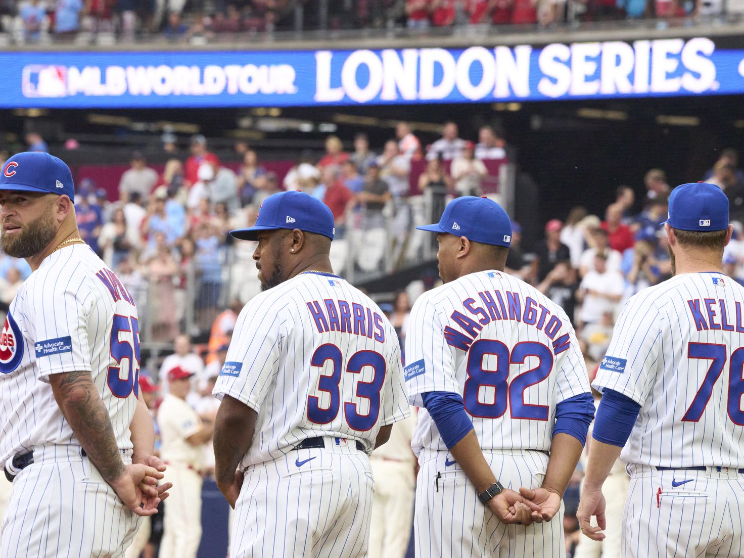 London Series: Chicago Cubs and St. Louis Cardinals walk out onto field and  national anthems 