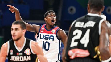 USA's Anthony Edwards reacts during the FIBA Basketball World Cup group C match between USA and Jordan at Mall of Asia Arena in Pasay City, metro Manila on August 30, 2023. (Photo by SHERWIN VARDELEON / AFP)