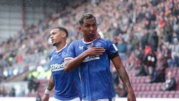 Rangers' Alfredo Morelos (right) celebrates his goal to put his side three goals up during the cinch Premiership match at Tynecastle Park, Edinburgh. Picture date: Saturday October 1, 2022. (Photo by Richard Sellers/PA Images via Getty Images)