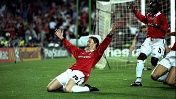 Ole Gunnar Solksjaer celebrates scoring the injury time winner for Manchester United against Bayern Munich in 1999.