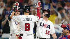MIAMI, FLORIDA - MARCH 19: Trea Turner #8 of Team USA celebrates with Will Smith #16 and Jeff McNeil #1 after hitting a three-run home run in the sixth inning against Team Cuba during the World Baseball Classic Semifinals at loanDepot park on March 19, 2023 in Miami, Florida.   Eric Espada/Getty Images/AFP (Photo by Eric Espada / GETTY IMAGES NORTH AMERICA / Getty Images via AFP)