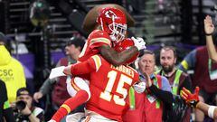 LAS VEGAS, NEVADA - FEBRUARY 11: Mecole Hardman Jr. #12 of the Kansas City Chiefs celebrates with Patrick Mahomes #15 after scoring the game-winning touchdown in overtime to defeat the San Francisco 49ers 25-22 during Super Bowl LVIII at Allegiant Stadium on February 11, 2024 in Las Vegas, Nevada.   Steph Chambers/Getty Images/AFP (Photo by Steph Chambers / GETTY IMAGES NORTH AMERICA / Getty Images via AFP)