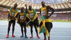 El equipo jamaicano de 4x100 metros en los Mundiales de Mosc&uacute;. 
