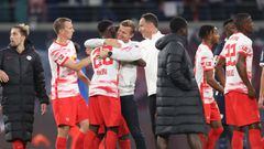 LEIPZIG, GERMANY - OCTOBER 02: Jesse Marsch, head coach of Leipzig celebrates with Ilaix Moriba at the final whistle the Bundesliga match between RB Leipzig and VfL Bochum at Red Bull Arena on October 02, 2021 in Leipzig, Germany. (Photo by Alex Grimm/Get