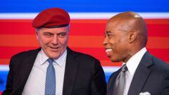 Eric Adams, Democratic candidate for New York City Mayor and Curtis Sliwa, Republican candidate for New York City Mayor smile after participating in a debate, at the ABC 7 studios in New York City.