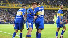Boca Juniors' defender Valentin Barco (2nd-L) celebrates with teammates after scoring during the Copa Libertadores group stage second leg football match between Argentina's Boca Juniors and Venezuela's Monagas at La Bombonera stadium in Buenos Aires on June 29, 2023. (Photo by JUAN MABROMATA / AFP)